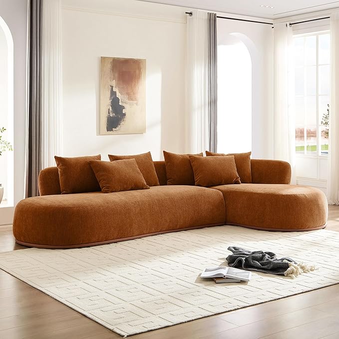 kevinplus 134.63'' Large Sectional Curved Sofa Couch with Chaise Lounge for Living Room Oversize L-Shape Modern Sectional Sofa Couch Wood Structure &amp Easy Assembly (Right-Facing Orange)