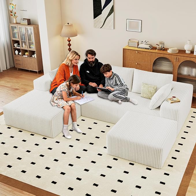96 W Cloud Sectional Couch with OttomanModern U-Shaped Cloud Couch with Deep SeatComfy Corduroy 3-Seater SofaMemory Foam Sofa for Living RoomNo Assembly (WhiteLeft-Facing Chaise)