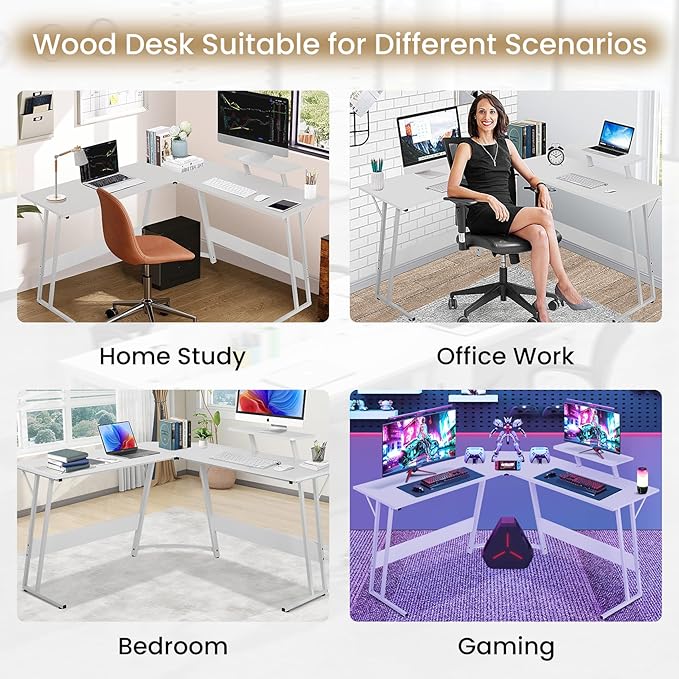 BLKMTY L Shaped Gaming Desk Computer Desk Corner Desks Wood Gaming Table PC Table with Monitor Stand for Home Office Dorm Sturdy Writing Workstation Carbon Fiber Surface 50-Inch White