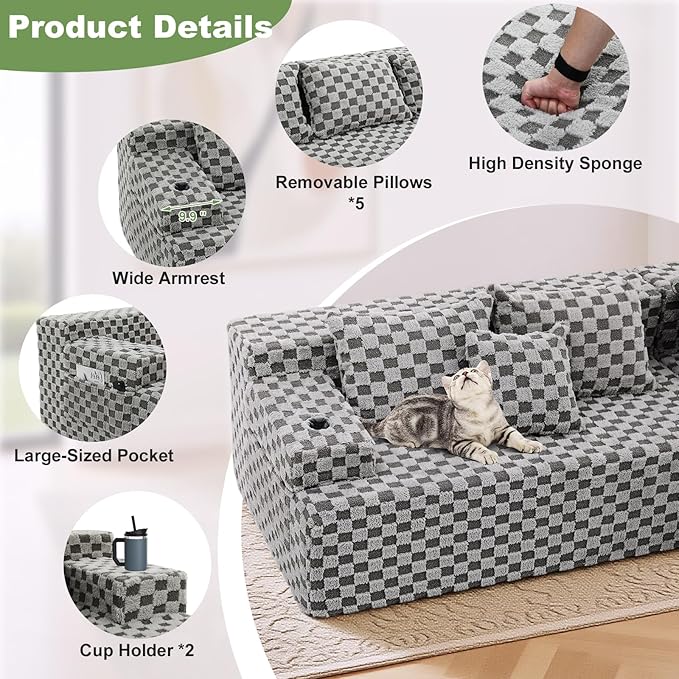 96.8 Boneless Couch Cloud Modular Sectional Sofa with L Shaped Chaise Modern Upholstered Deep Seat Boneless Couches Lounge with 5 Pillows for Living Room Bedroom(Gray Checked Right Facing Chaise)