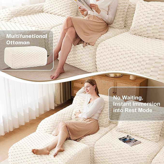 146 Modern U-Shaped Modular Sectional Sofa for Living Room White Flannelette Fabric Boneless SofaOversized 4-Seater Couch with Movable OttomanBuckle ConnectionAnti-slip DesignNo Assembly