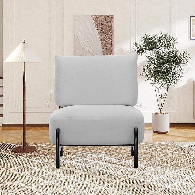Modern Living Room Accent Chair Teddy Fleece Solid Rubberwood Frame Contemporary Lounge Seating for Reading Corner (White)