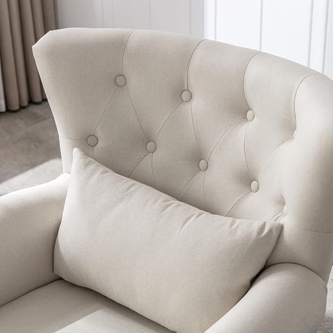 Mid Century Modern Accent Chair Upholstered Armchair Comfy Linen Fabric Tufted Wingback Single Sofa with Ottoman for Bedroom Living Room Beige