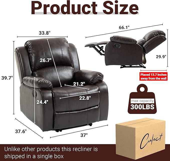 Manual Recliner Chair Adjustable Push Back Leather Reclining for Living Room Reddish Brown