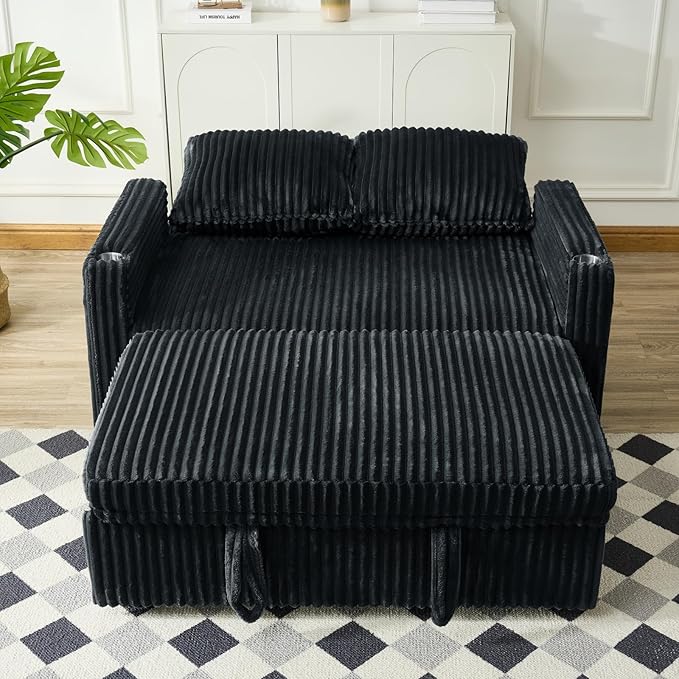 3 in 1 Pull Out Couch 56 Inch Corduroy Sofa Bed Convertible Loveseat Sleeper Sofa for Living Room Adjustment Backrest Upholstered Couch Bed with 2 Side Pockets USB Cup Holder Black