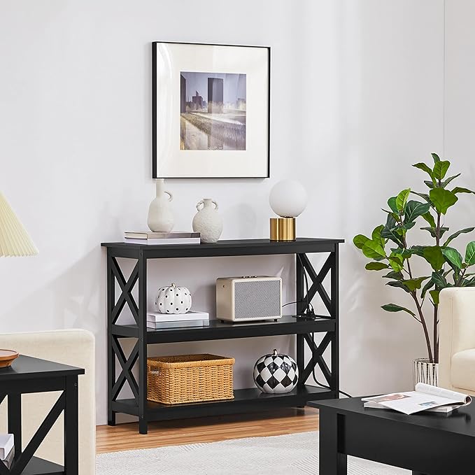 Yaheetech TV Stand with Power Outlet Entertainment Center for TV up to 45 inch Wood Open Storage Shelf Media Console Table for Living Room Bedroom Black