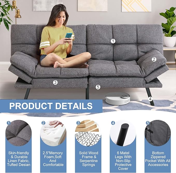 MUUEGM Futon Sofa Bed Couch Memory Foam Futon Convertible Couch Bed SleeperModern Love Seat Daybed Sofa for Living RoomSmall SpaceOffice71Adjustable Backrests ArmrestsGrey