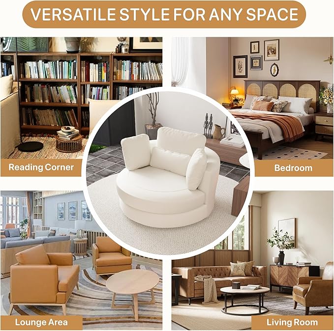 49.6''W Swivel Accent Barrel Chair Oversized Chenille Upholstered Round Single Couch Sofa with 4 Pillows for Living Room Apartment Bedroom (Beige).