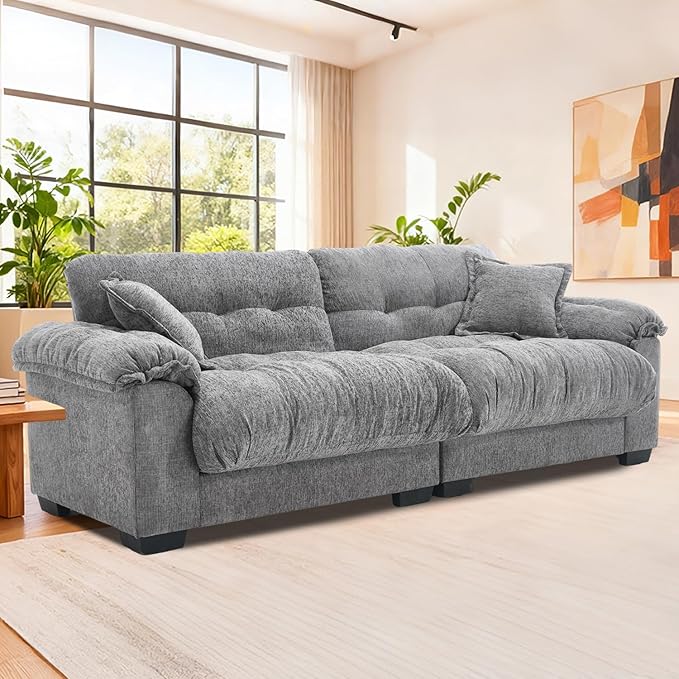90.5 Modular Cloud Sofa 2 Seater Couch Oversized Loveseat with Armrest Pillow Comfy Tufted Couch Deep Seat Love Seats for Living Room Apartment Small Space- Grey