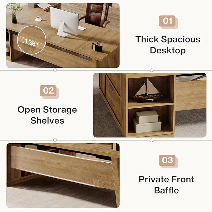 Tribesigns 77.9-inch Executive Desk with 2 Drawers Large L Shaped Computer Desk with Storage Cabinet and Shelves Business Furniture Workstation for Home Office (Light Brown)