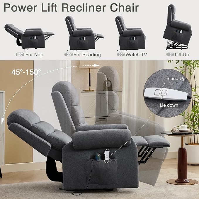 Power Lift Recliner Chair Recliners for Elderly with Heat and Massage Recliner Chair for Living Room with Infinite Position and Side Pocket USB Charge Port (Modern Grey)