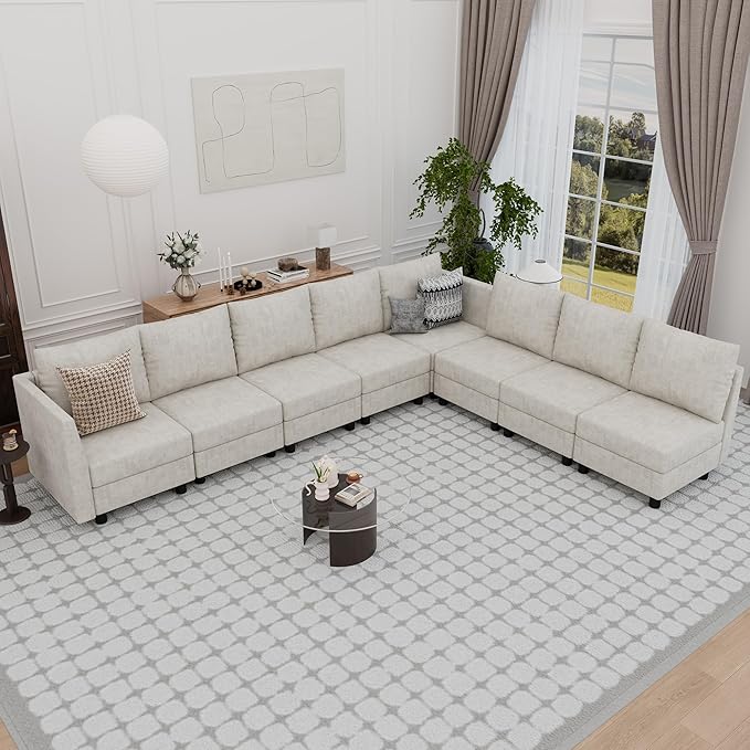 Fiona's magic Modular Sectional Sofa Set 8 Seats Sleeper Sofa Couch with Storage Sectional Sofa Couch with USB Charging Port Modern Comfy Chenille Couch for Living Room Beige