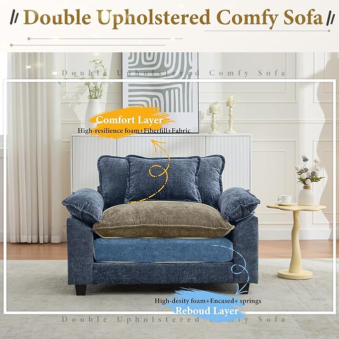 URRED Cloud Couch Accent Chair Oversized Chenille Armchair with Deep Wide Seat and Upholstered ArmrestsBlue – Modern Lounge Chair for Bedroom or Living Room