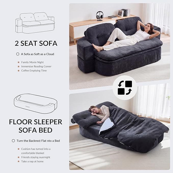 Kuahisoofa 78 Memory Foam Convertible Sofa Bed with Built-in Quilt Foldable Floor Couch Sleeper for Guests Room &amp Living Room Boneless Futon Cloud Sofa for Small Spaces Gray