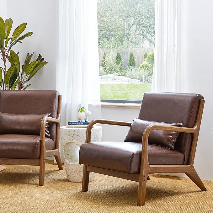 Glitzhome 2 Set Mid Century Coffee Accent Armchair Single Reading Armchair PU Leather Lounge Chair with Walnut Ruberwood Frame