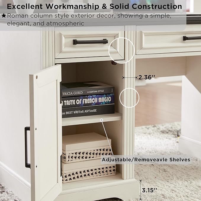 JXQTLINGMU Farmhouse 76 Height Computer Desk with Hutch Office Desk with Charging Station Drawers and Storage Cabinet Workstation for Office Home Off White