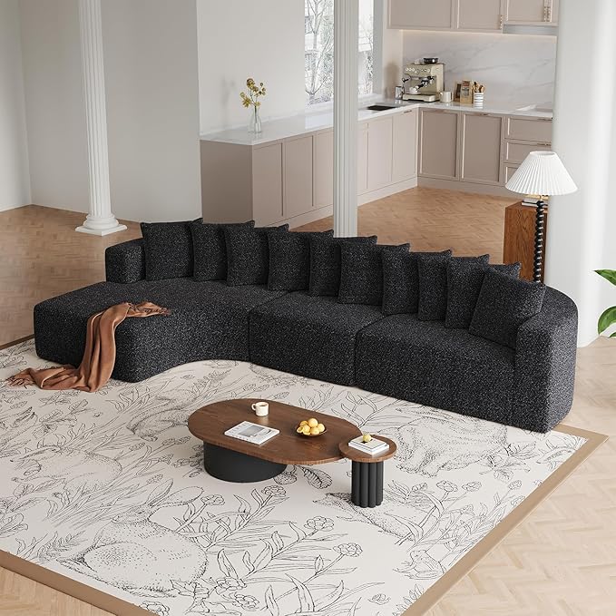 131” Oversized L Shaped Couch Corner Curved Modular Sectional Sofa with 10 Pillows Cloud Chenille Deep Seat No Assembly Required for Living Room Left Chaise Black
