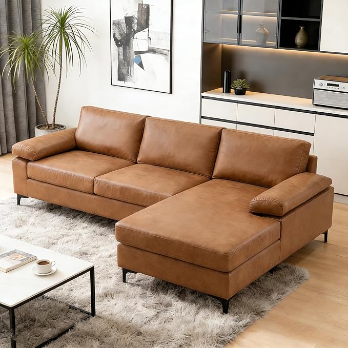 VANOMi 100 Faux Leather Couch with Convertible Chaise 3 Seater Sectional Sofas with Metal Legs L-Shaped Sofas &amp Couches for Living Room Apartment Bedroom Brown