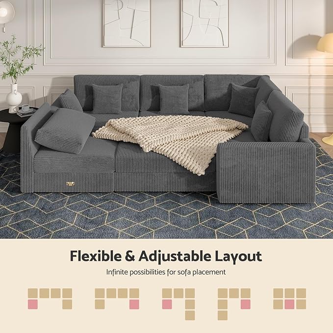 Oversized Modular Sectional Sofa with Storage Modern Sleeper Sofa Extra Deep Seat Comfy Corduroy Cloud Couch with Ottoman and 5 Pillows for Living Room (U Shape Sectional with Storage Grey)