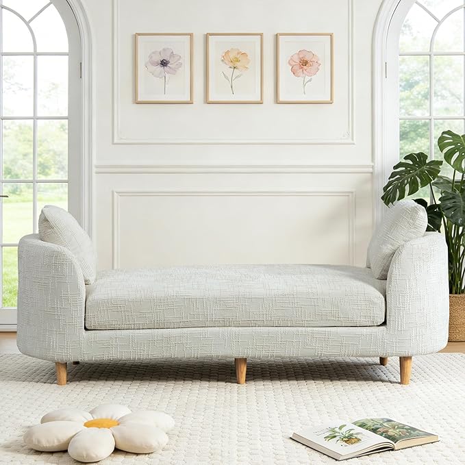 Mlmh &amp Kngwa Chaise Lounge Chair Indoor 77.2 King Size Bedroom Bench with 2 Bolster Pillows &amp Armrests Upholstered Daybed Couch for Living Room Hallway Chenille Beige