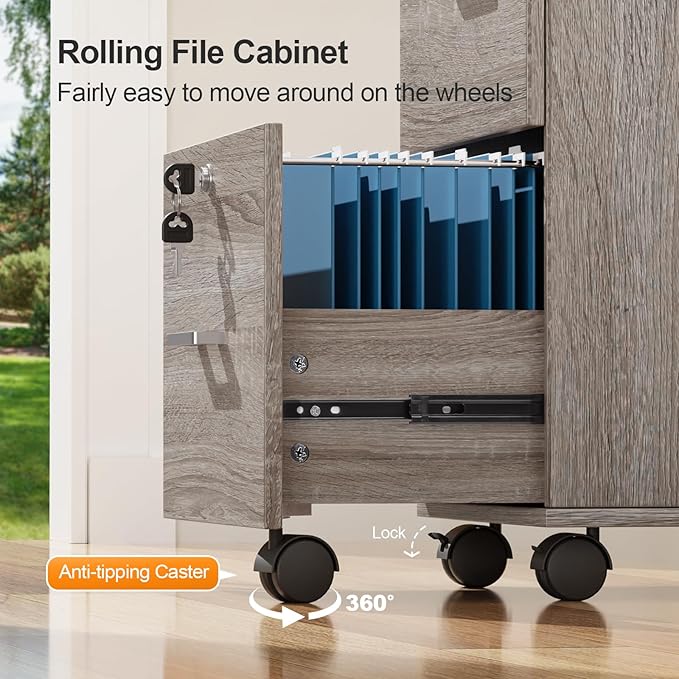 VINGLI 3-Drawer File Cabinet with Lock Wood Rolling Filing Cabinets for Home Office Mobile Printer Stand Under Desk File Organizer for Letter Sized Files 26 H(Caster Included)Gray Oak