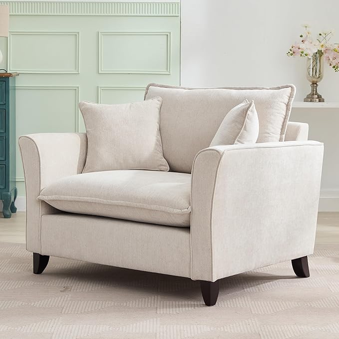 46.3 Inch Oversized Armchair Chenille Fabric Chair and a Half Single Sofa with Pillow Removable Washable Covers Rubberwood Legs Ruffled Armrests for Living Room Bedroom Office Apartment Cream