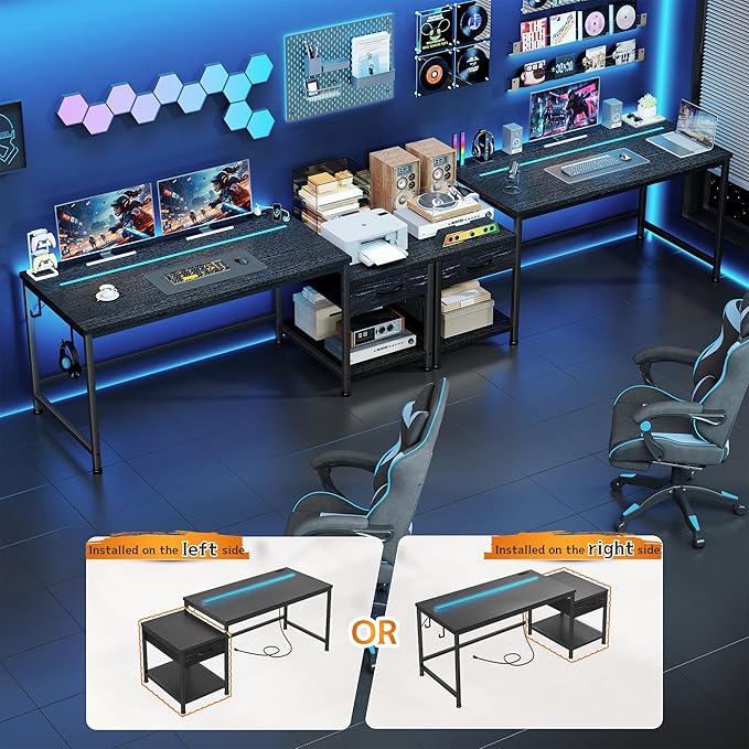 56 Inch Gaming Desk with Drawers and ShelfReversible Computer Desk with LED Lights and Power OutletsStudy Table with Hooks for HeadphoneBagsBlack Desk Work Desk for BedroomDorm
