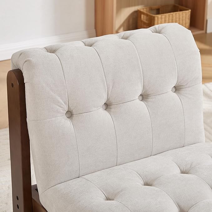 Modern Armless Accent Chair Set of 2 for Living Room Beige Linen Button Tufted Upholstered Lounge Reading Chair with Walnut Wood Frame