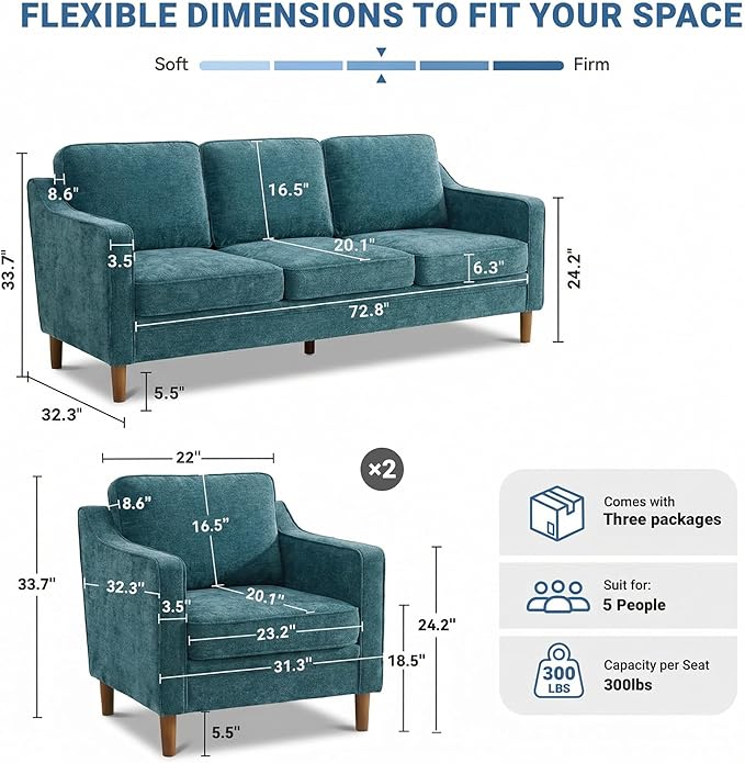 Kingfun Living Room Furniture Sets 3 Seater Couch and 2 Armchair Mid Century Modern Sofa Set Chenille Couch with Solid Wood Frame for Living Room &amp Bedroom Water Green