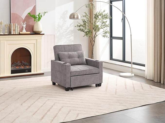 Futon Chair Bed Convertible Sleeper Chair3-in-1 Lazy Chair with USB PortsPull Out Chair Sleeper for Living Room Office Apartment (Tech cloth Light Grey)