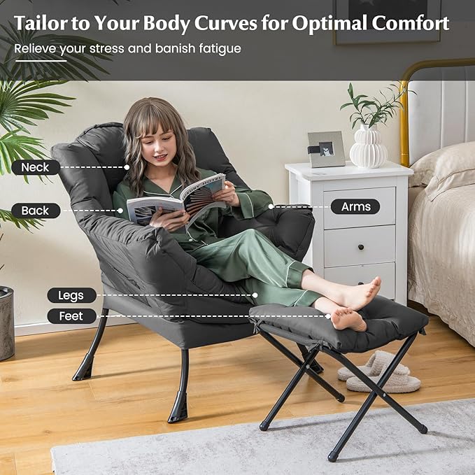 GORELAX Lazy Chair with Ottoman Modern Accent Chair w/Armrests &amp Side Pocket Upholstered Lounge Sofa Chair &amp Folding Footstool Set Reading Chair for Bedroom Living Room Dorm Room (Grey)