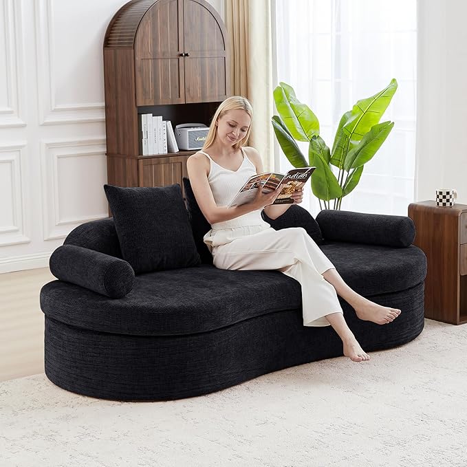 AVZEAR 78 Curved Loveseat Sofa Chenille Upholstered 2 Seater Couch for Living Room No Assembly Modern Love Seat Cloud Sofa with 2 Bolster Pillows &amp 2 Square Pillows High-Density Foam Black
