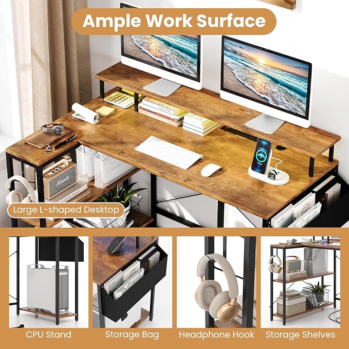 L-Shaped Gaming Desk with LED Lights &amp Power Outlets 48 Computer Table with Storage Shelves Monitor Stand Home Office Desk with Metal Frame Rustic Brown/Black (Rustic Brown)