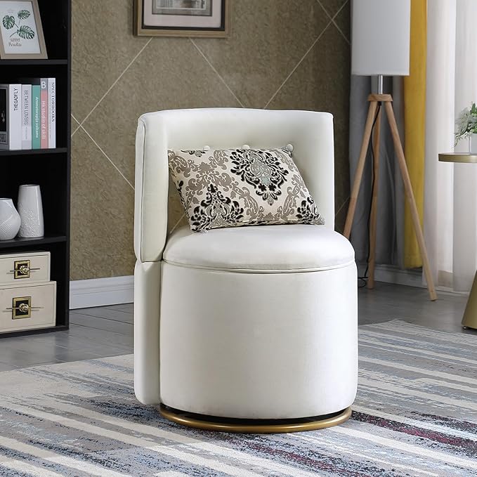 360° Swivel Accent Chair with Hide Storage FunctionModern Velvet Curved Barrel Chair with Gold Metal Base Back Vanity Chair for Living Room NurseryBedroom Upholstered Leisure Chair (Beige)