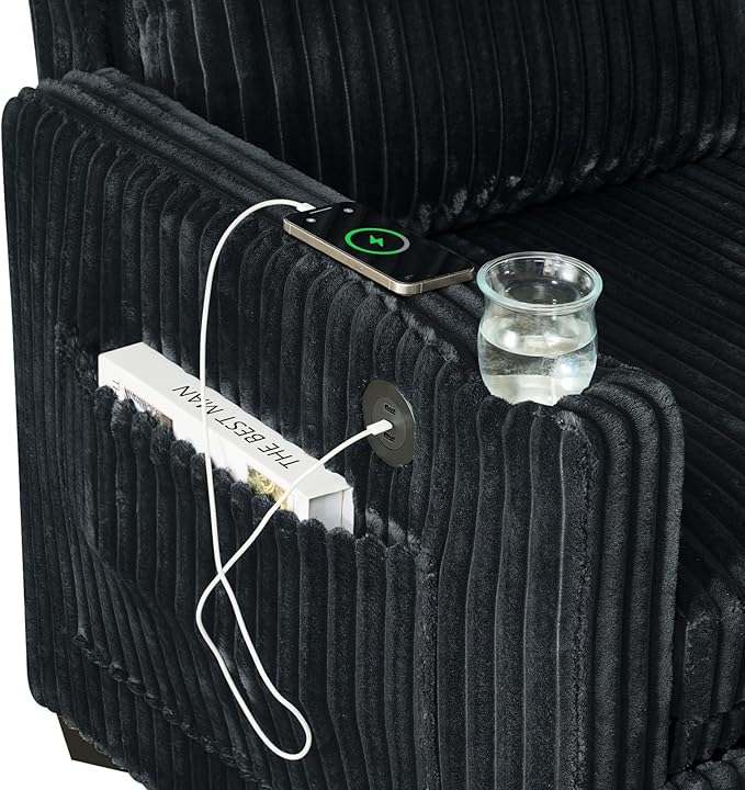 3 in 1 Pull Out Couch 56 Inch Corduroy Sofa Bed Convertible Loveseat Sleeper Sofa for Living Room Adjustment Backrest Upholstered Couch Bed with 2 Side Pockets USB Cup Holder Black