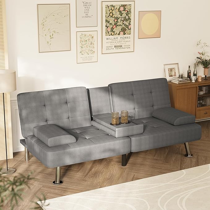 Homall Futon Sofa Bed Futon Couch with Removable Armrests Adjustable Recliner Sleeper Sofa Bed with Dual Cup Holders for Living Room Apartment Office (Fabric Light Grey)