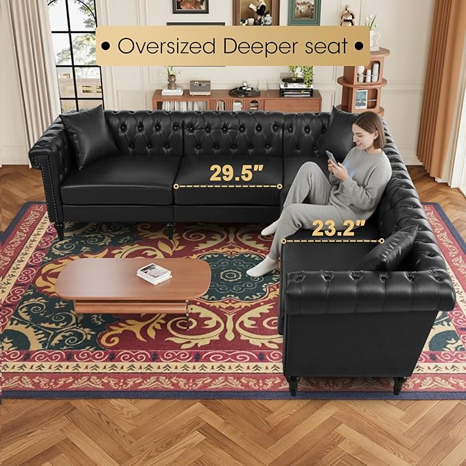 99.4 X 99.4 L Shaped Couch Faux Leather Sectional Couch with Three Pillows Chesterfield L Shaped Sofa 5 Seat PU Leather Sectional Couches for Living Room Black
