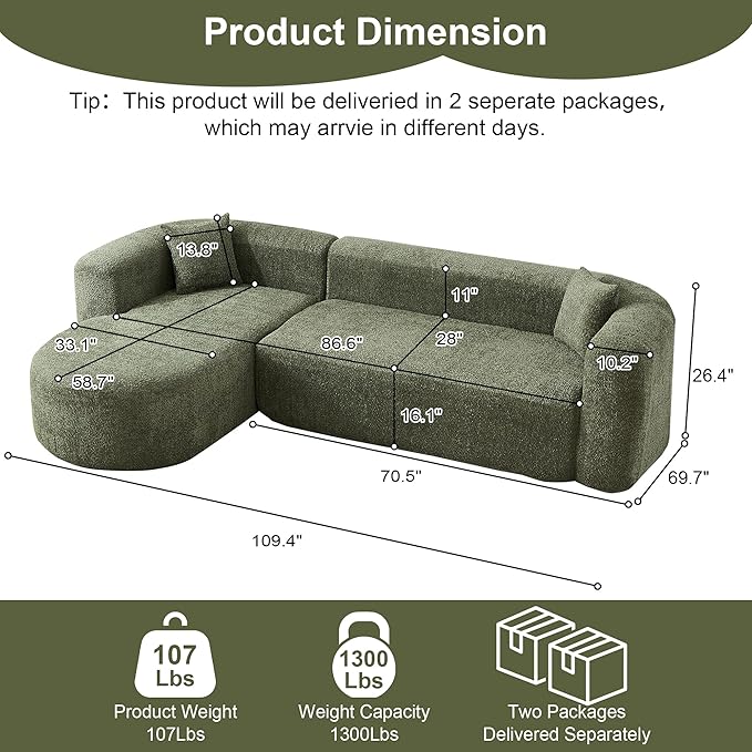 109.4 Sectional Couch with L-Shaped Chaise Boneless Modular Sectional Sofa Soft Chenille Sofa with Deep Seat for Living Room No Assembly(Left-Facing Chaise Green) | Breaathable Material