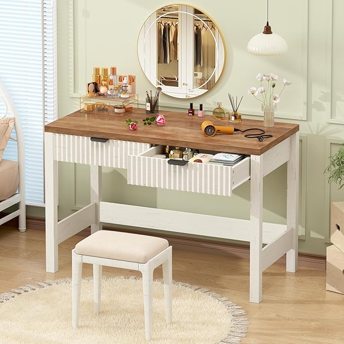 Fluted Computer Desk with 2 Drawers 39 Inch Small Computer Desk with Storage Compact Writing Study Vanity Desk for Small Spaces Antique White