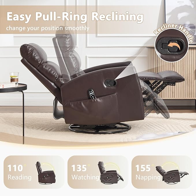 cinkehome Small Swivel Rocker Recliner Chair with Heated Massage Upholstered Nursery Glider Recliner Chair High Back Side Pocket (Brown PU Leather)