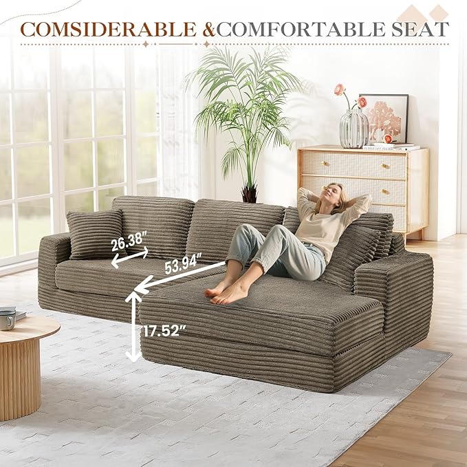 112.6 Oversized Fold Out Couch Bed King 3 in 1 Convertible Modern L Shape Cloud Modular Sectional Comfy Boneless Foam Couch Futon for Living Room No Assembly(Brown CorduroyRight Facing Chaise)