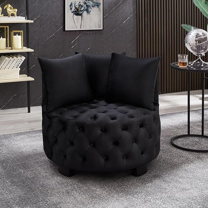 Velvet Accent Lounge Chair - 31.25''W Upholstered Button Tufted Velvet Barrel Chair with 3 Pillows with Button Tufted Modern Round Club Chair Reading Sofa Chair (Black)