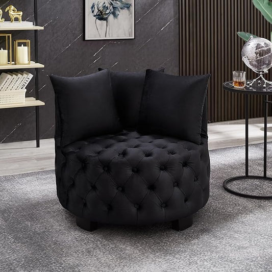 Velvet Accent Lounge Chair - 31.25''W Upholstered Button Tufted Velvet Barrel Chair with 3 Pillows with Button Tufted Modern Round Club Chair Reading Sofa Chair (Black)