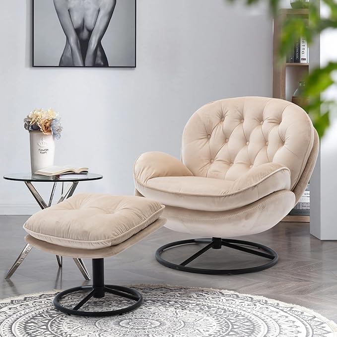 Accent Chair TV Chair Living Room Chair with Ottoman Modern Velvet Lounge Chair with Ottoman Set with Metal Legs Swivel Leisure Chair for ClubHome Office (Beige/TV@)
