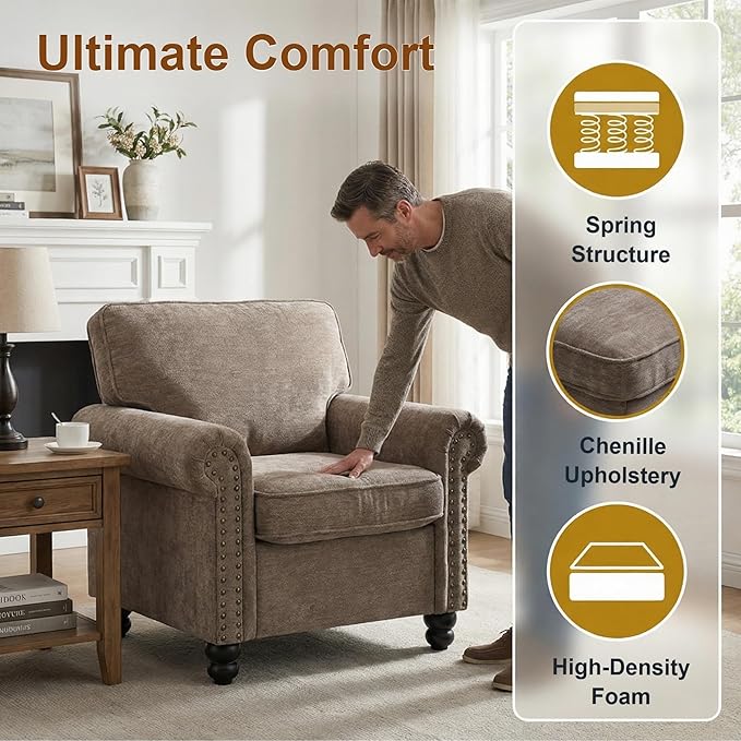Nailhead Armchair Rolled Arms Accent Chair for Living Room Single Sofa Chair with Springs Seat Cushion &amp Wooden Legs Mid-Century Armchair for Apartment Office Farmhouse Light Brown