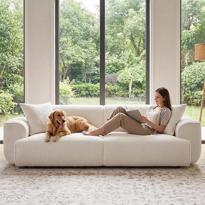 Modern 91'' Wide Cloud Couch Sofa Love Seat Couches W/Solid Frame Friendly Couch W/Boucle Couch Cozy Fabric with 2 Pillow &amp Rectangular Arm for Apartment White