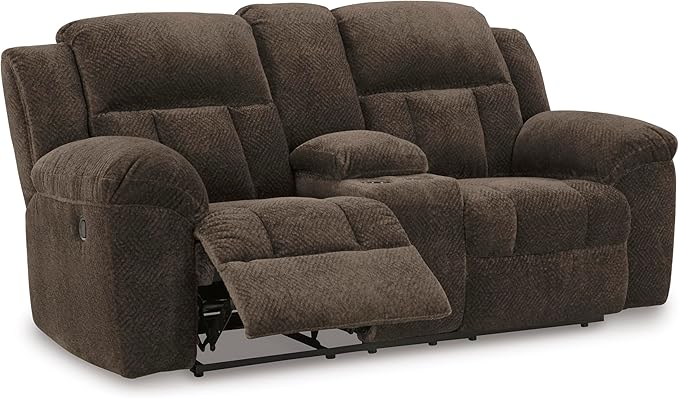 Signature Design by Ashley Frohn Modern Manual Double Reclining Loveseat with Console Storage and Cup Holders Dark Brown
