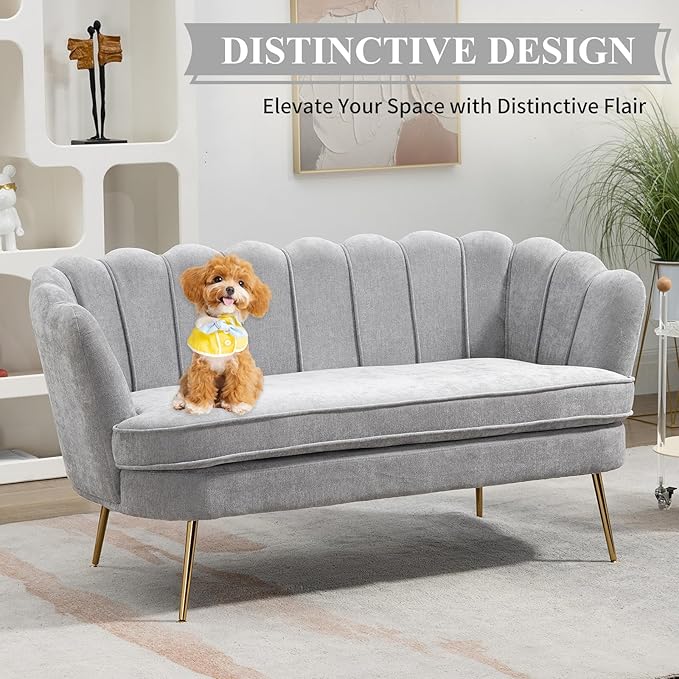 59 Wide Loveseat Sofa Chenille Upholstered Small Couch with Petal-Shaped Design Modern Leisure Sofa with Gold Metal Legs Mini Room Couch for Bedroom Apartment (Light Gray-Chenille)