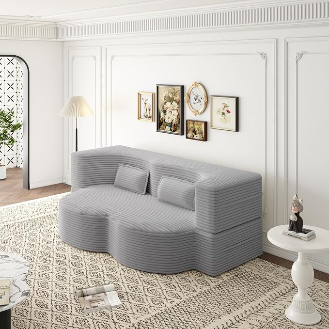 2 in 1 Convertible Folding Sofa Bed Plush Corduroy Lazy Lounge Sofabed Foam Folding Floor Sofa Bed 78 Full Size Memory Foam Couch for Living Room Guestroom No Assembly Sofabed (Light Grey)