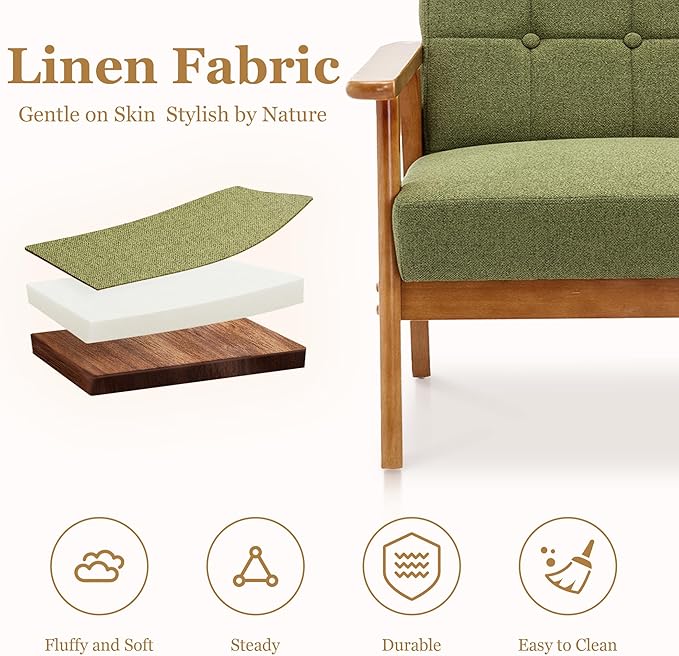 Modern Accent Chair Mid-Century Linen Armchair with Solid Wood Armrests Button-Tufted Comfortable Cushioned Reading Chairs for Living Room Bedroom (Green